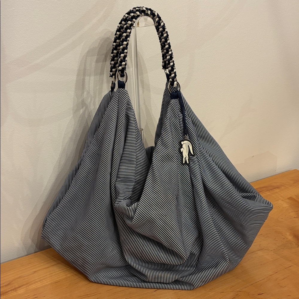 Lacoste Blue and White Striped Athletic Hobo Bag with Braided Handles